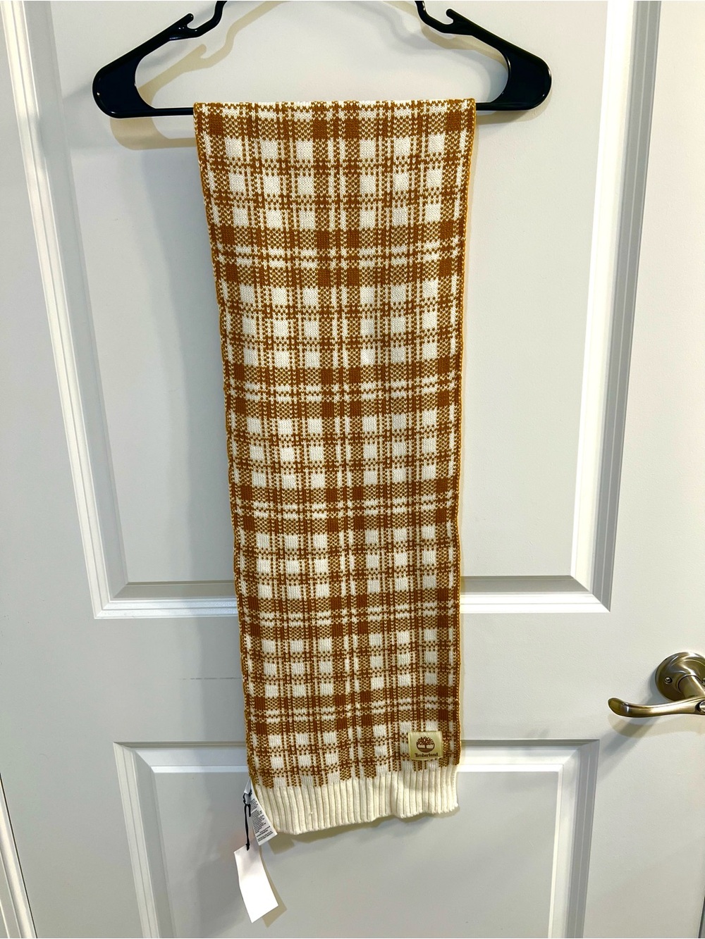Timberland Plaid Knit Scarf in Cream & Brown